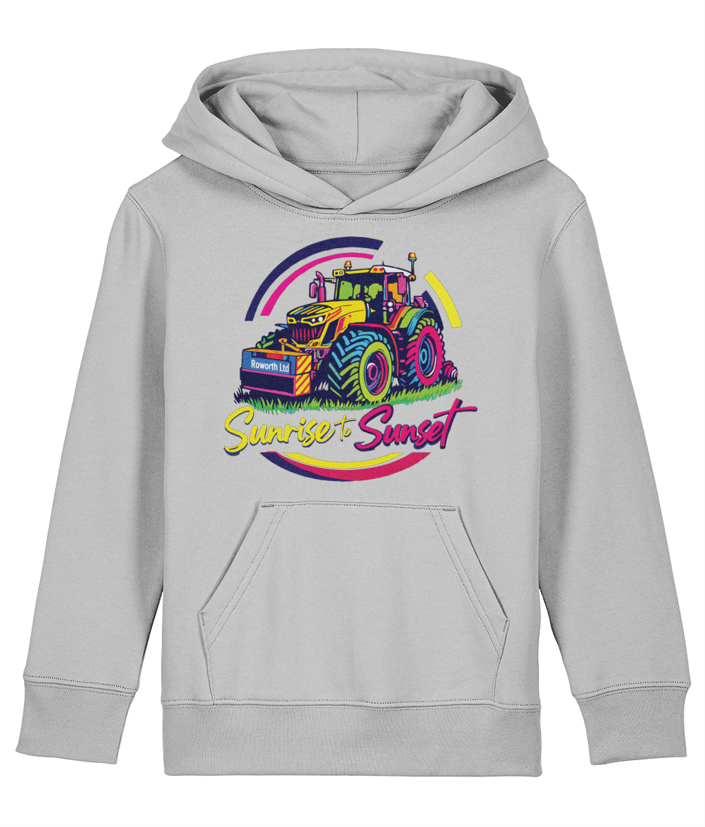 Roworth Ltd NextGen kids tractor hoodie in grey with sunrise to sunset design, British agricultural clothing