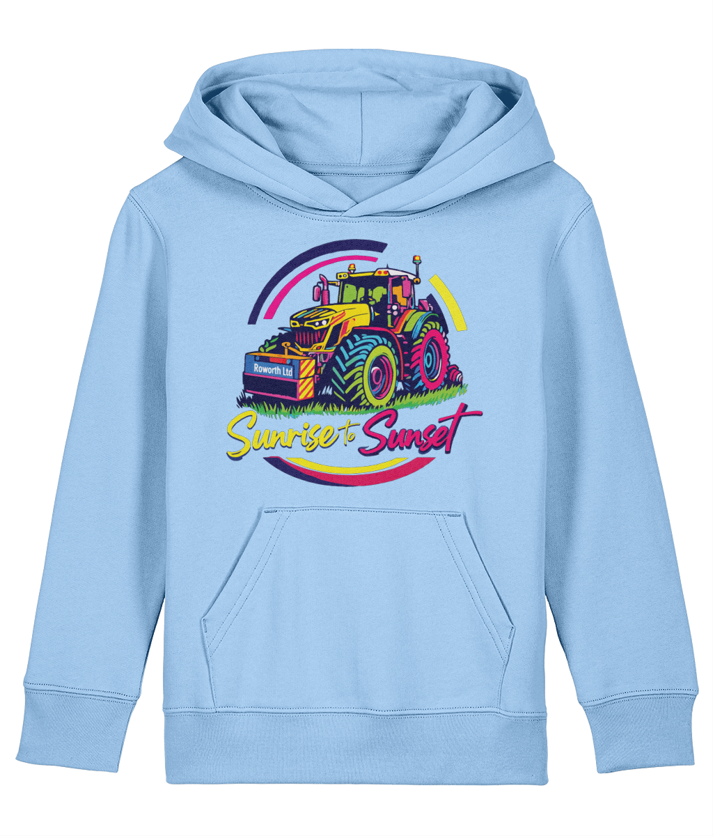Roworth Ltd NextGen kids tractor hoodie in light blue with sunrise to sunset design, British agricultural clothing