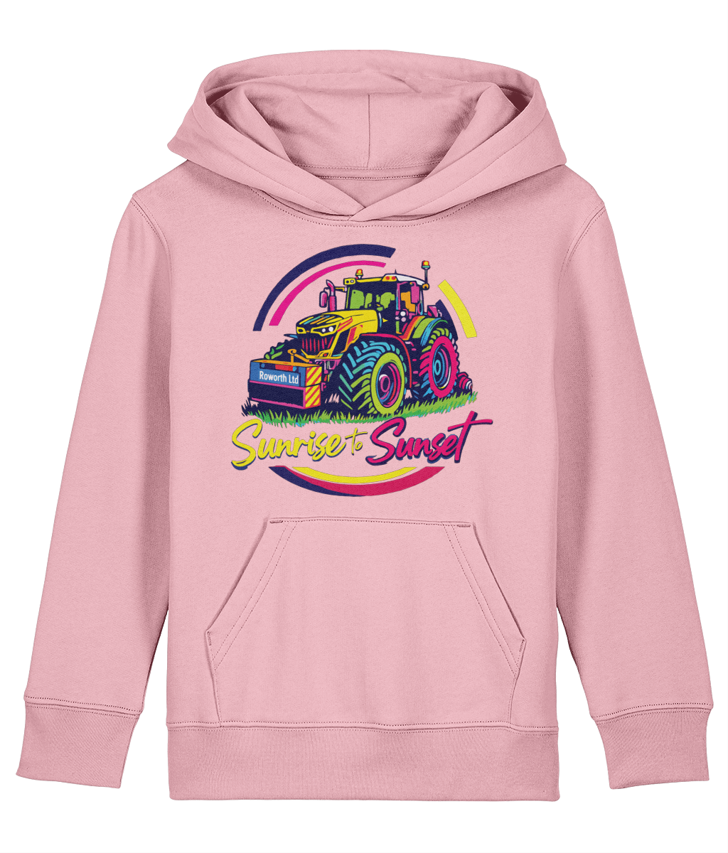 Roworth Ltd NextGen kids tractor hoodie in pink with sunrise to sunset design, British agricultural clothing