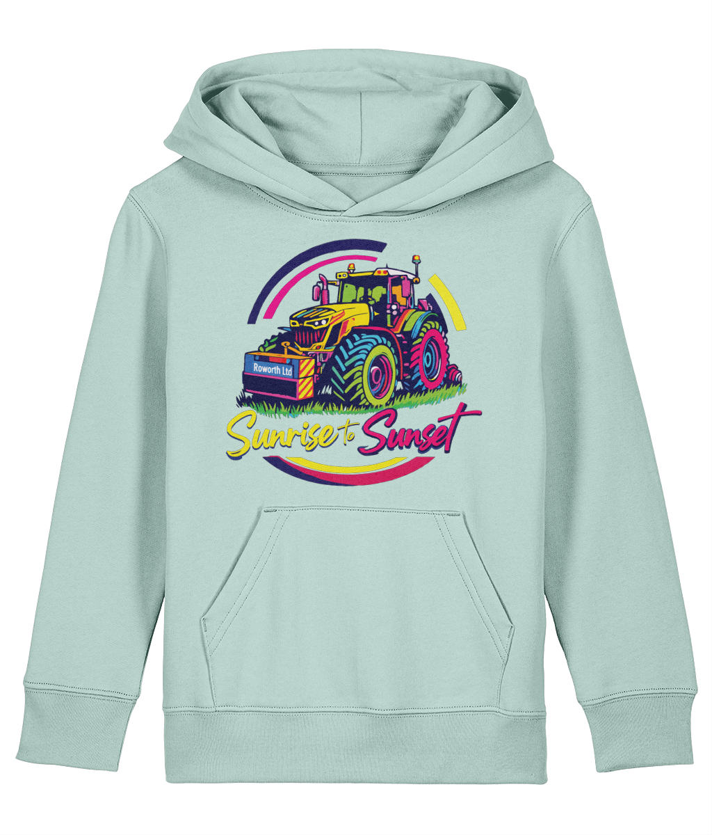 Roworth Ltd NextGen kids tractor hoodie in sage green with sunrise to sunset design, British agricultural clothing