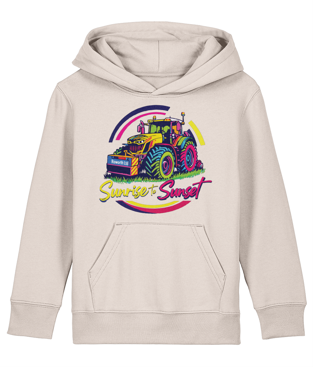 Roworth Ltd NextGen kids tractor hoodie in stone with sunrise to sunset design, British agricultural clothing