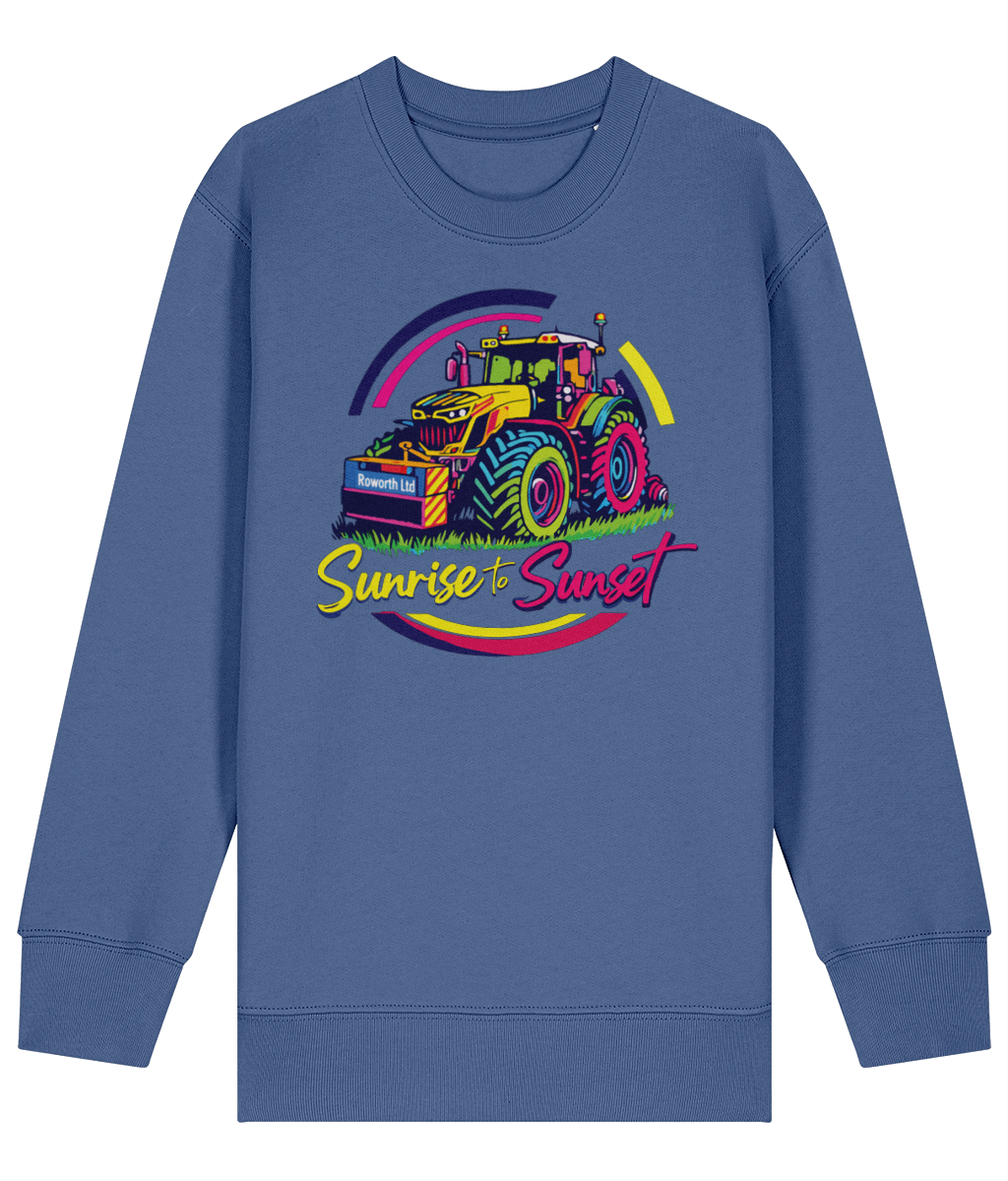 Blue sweatshirt with a colorful tractor graphic and 'Sunrise to Sunset' text on a blue background