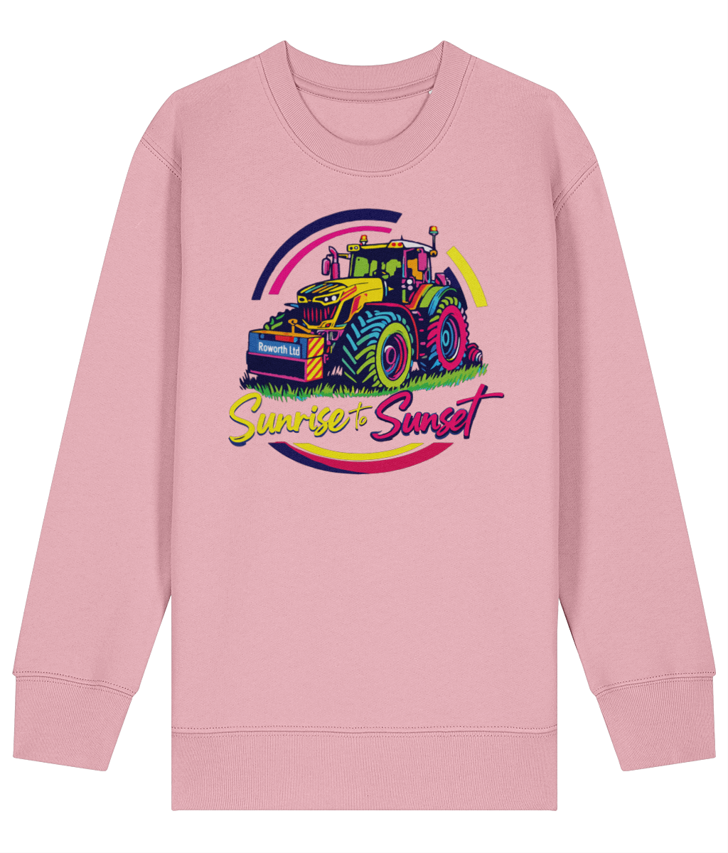 Kids pink tractor sweater with sunrise to sunset design by Roworth Ltd, British farming clothing for children