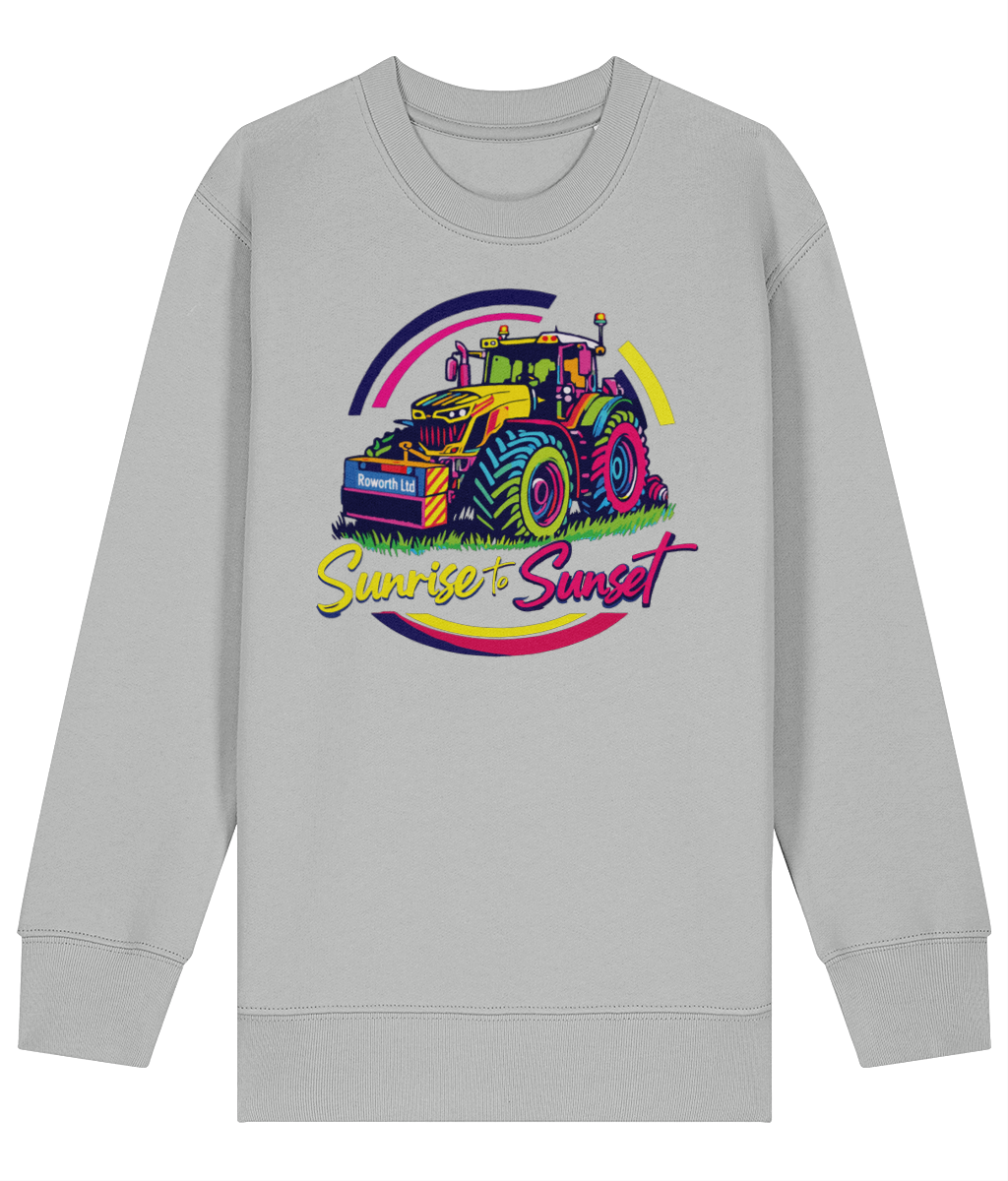 Gray sweatshirt with a colorful graphic of a tractor and 'Sunrise to Sunset' text on a light grey background