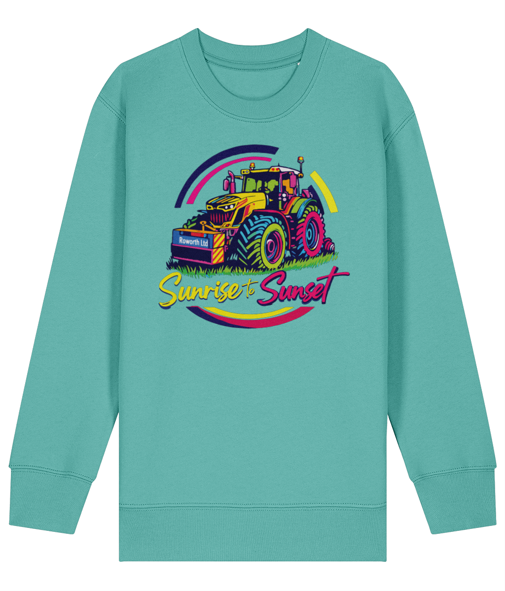 Roworth Ltd NextGen kids tractor sweater in teal with sunrise to sunset design, British agricultural clothing