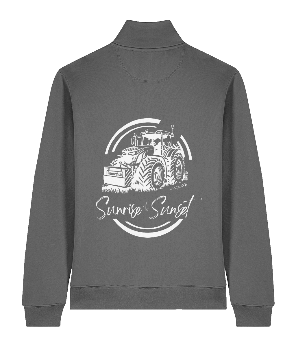 Roworth Ltd quarter zip sweatshirt in anthracite with sunrise to sunset tractor back print, British agricultural clothing