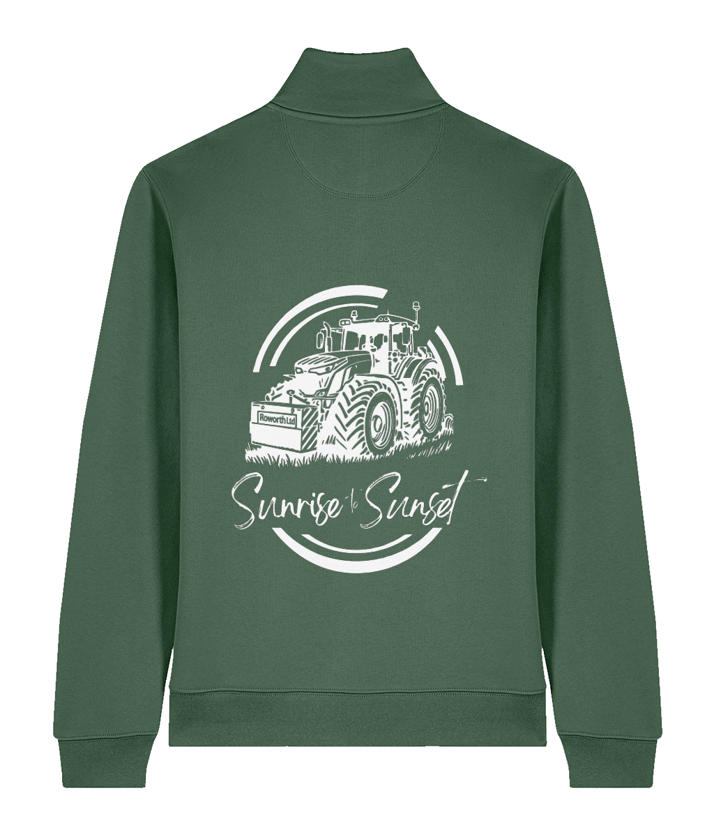 Roworth Ltd quarter zip sweatshirt in bottle green with sunrise to sunset tractor back print design