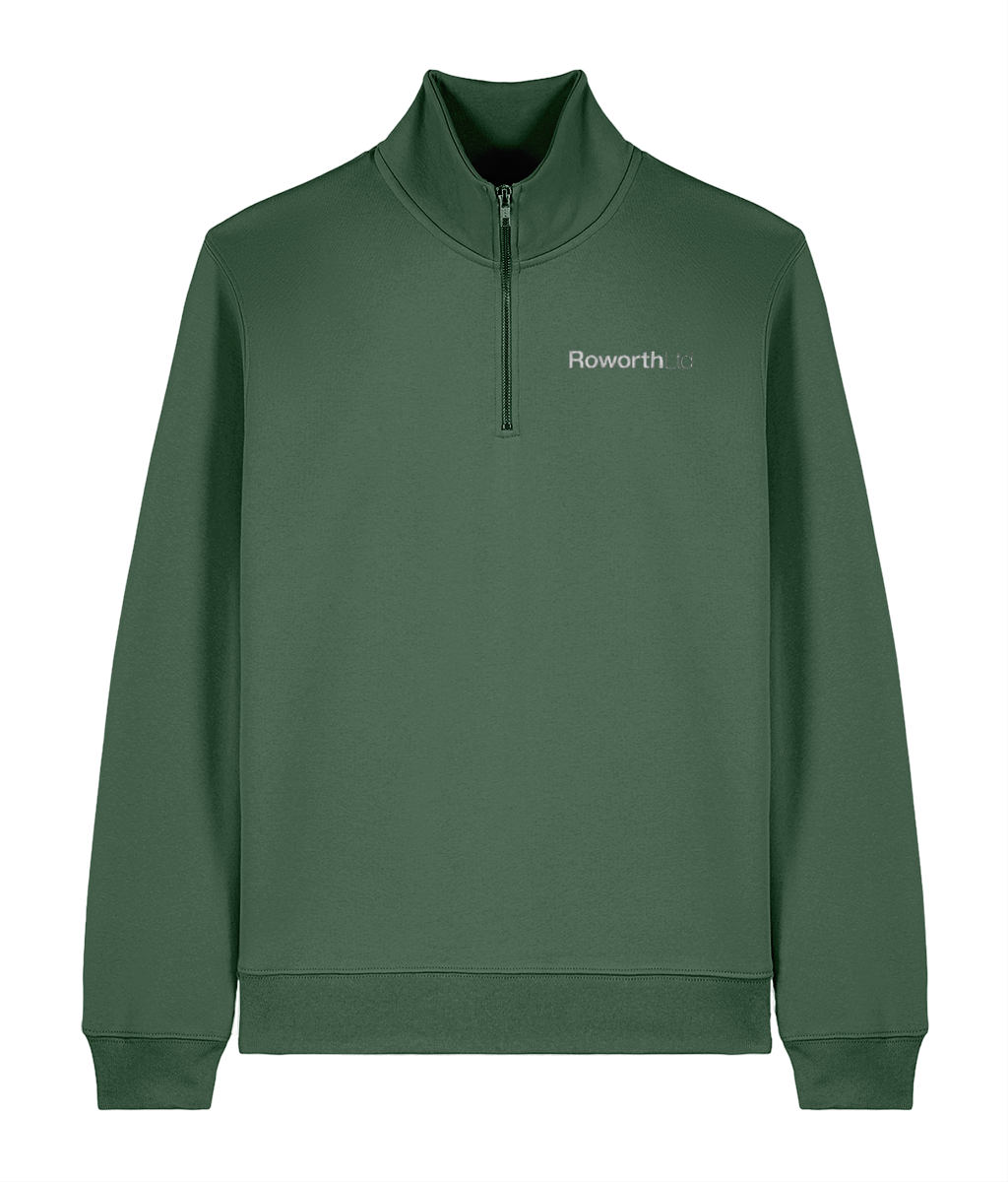 Roworth Ltd quarter zip sweatshirt in bottle green with embroidered chest logo, premium British agricultural clothing