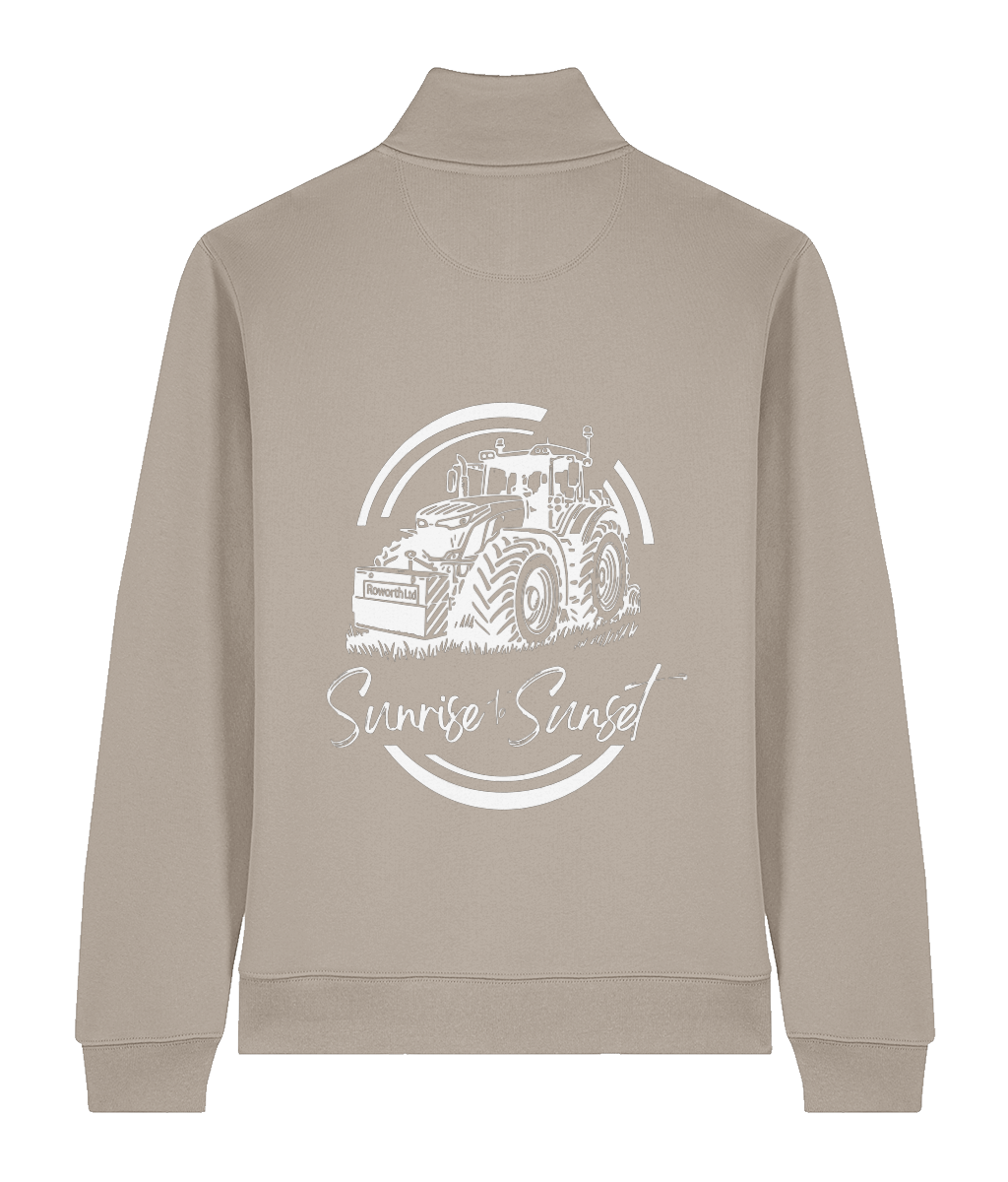 Roworth Ltd quarter zip sweatshirt in desert dust with sunrise to sunset tractor back print, farming inspired clothing