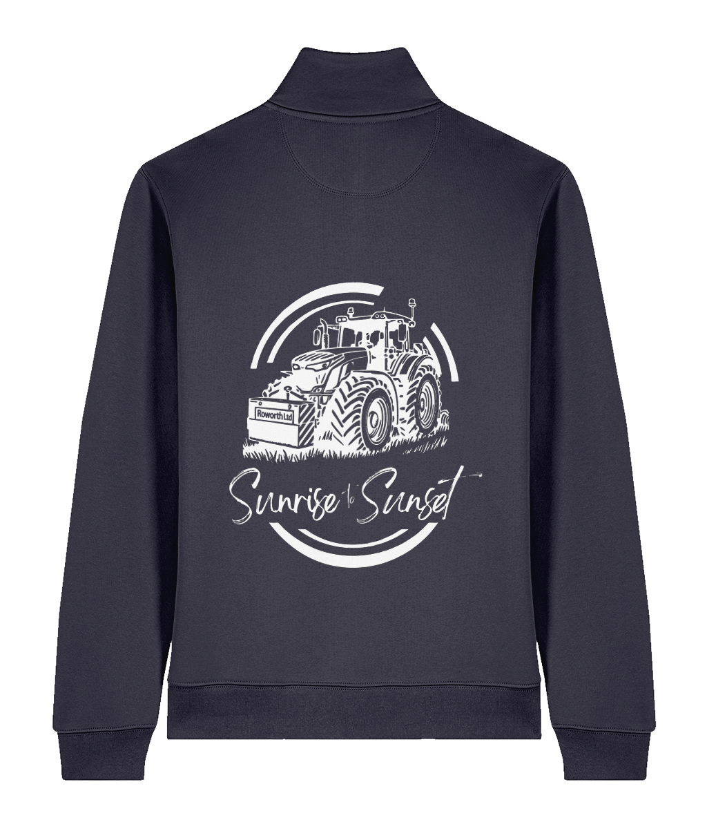 Roworth Ltd quarter zip sweatshirt in french navy with sunrise to sunset tractor back print design