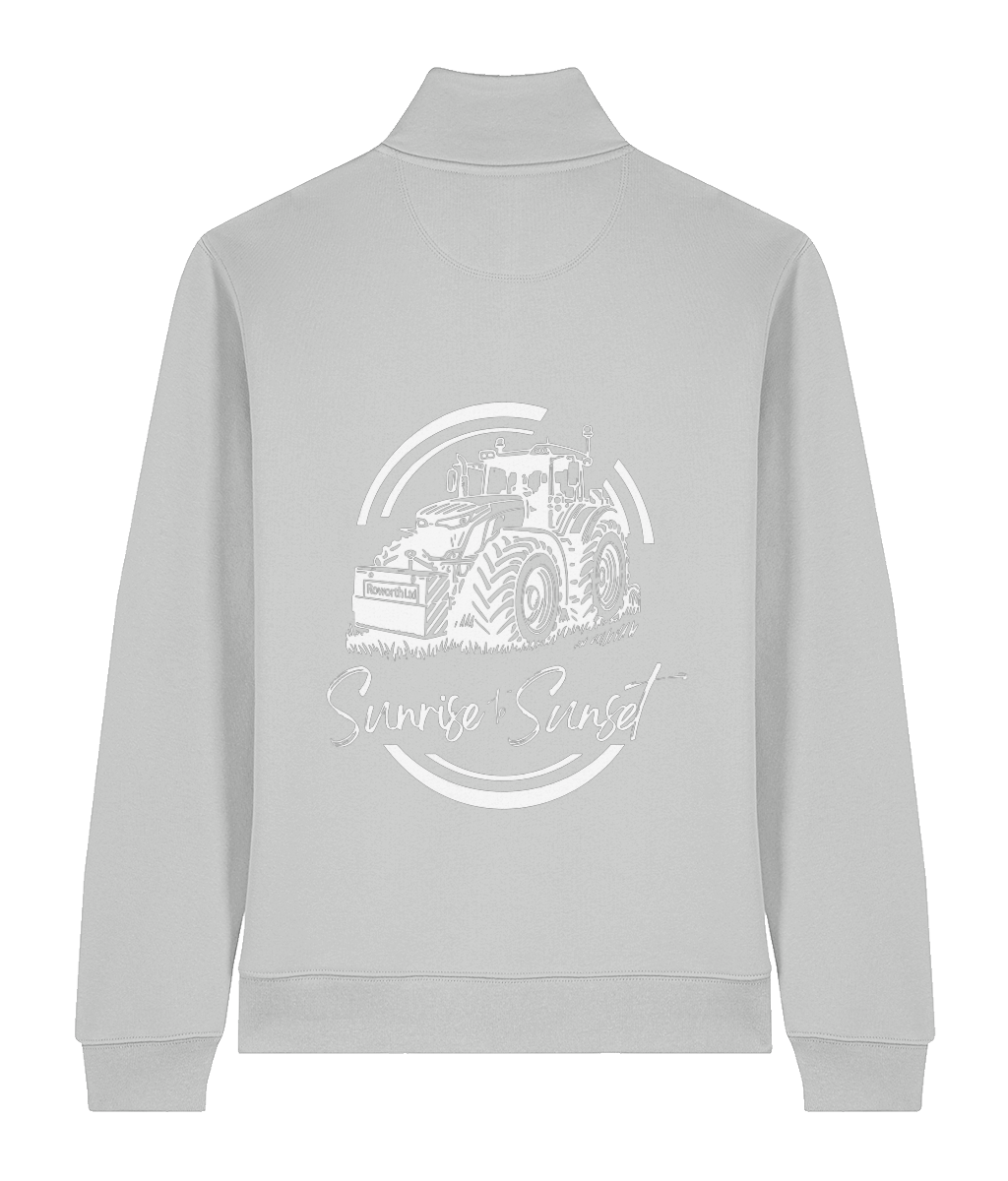 Roworth Ltd quarter zip sweatshirt in heather grey with sunrise to sunset tractor back print, British farming clothing