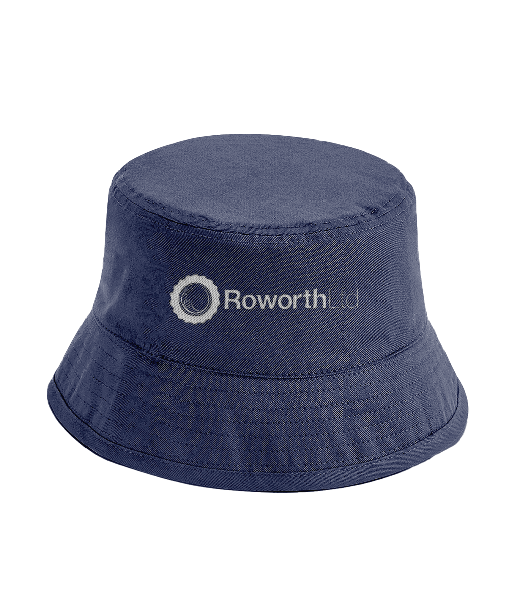 Navy bucket hat with embroidered Roworth Ltd logo, casual farming and outdoor lifestyle headwear