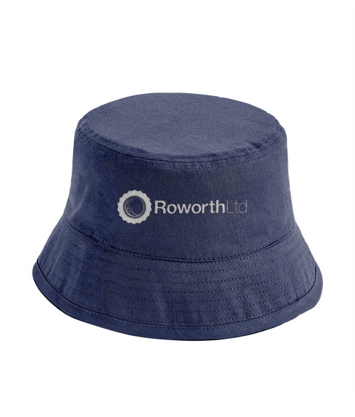 Navy bucket hat with embroidered Roworth Ltd logo, casual farming and outdoor lifestyle headwear