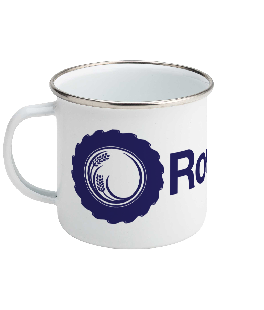 Roworth Ltd enamel camping mug in white with tractor logo design, British farming and countryside drinkware