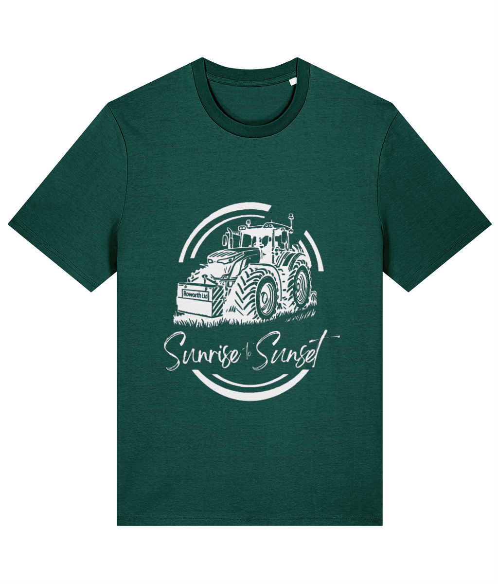 Roworth Ltd adult t-shirt in bottle green with sunrise to sunset tractor design, British agricultural clothing