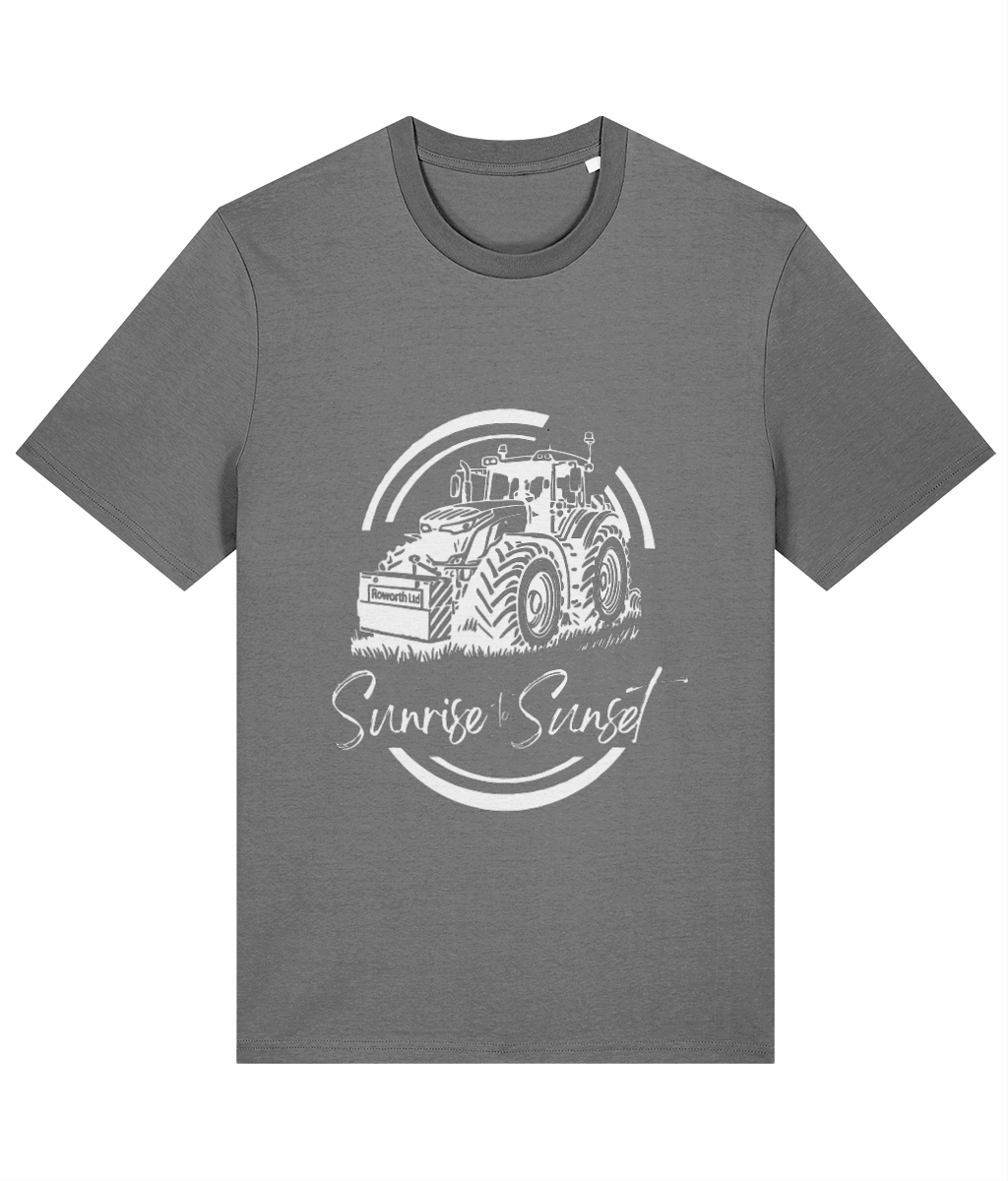 Roworth Ltd charcoal adult t-shirt featuring sunrise to sunset tractor design, farming clothing