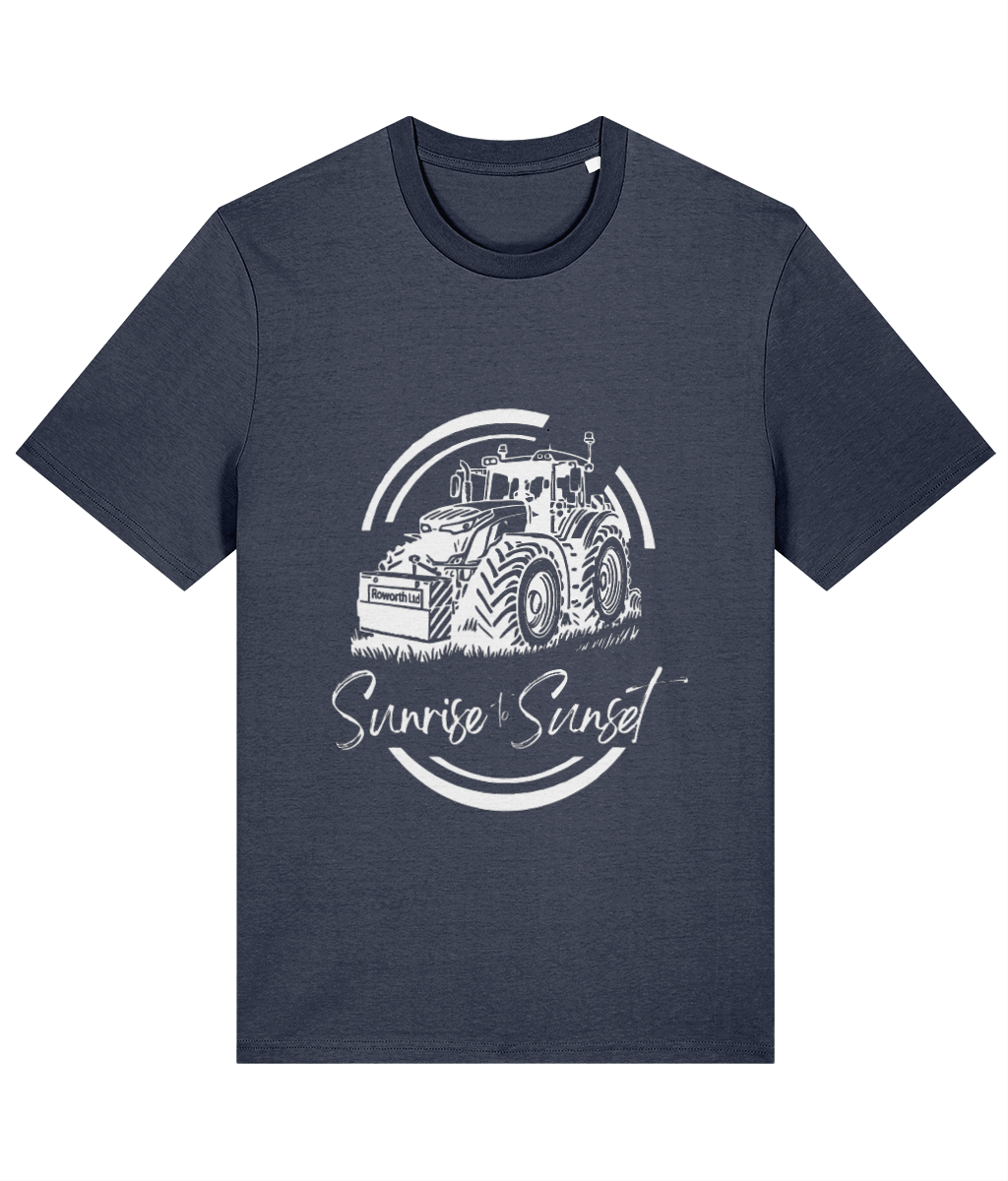 Roworth Ltd adult t-shirt in dark navy featuring sunrise to sunset tractor design, farming apparel