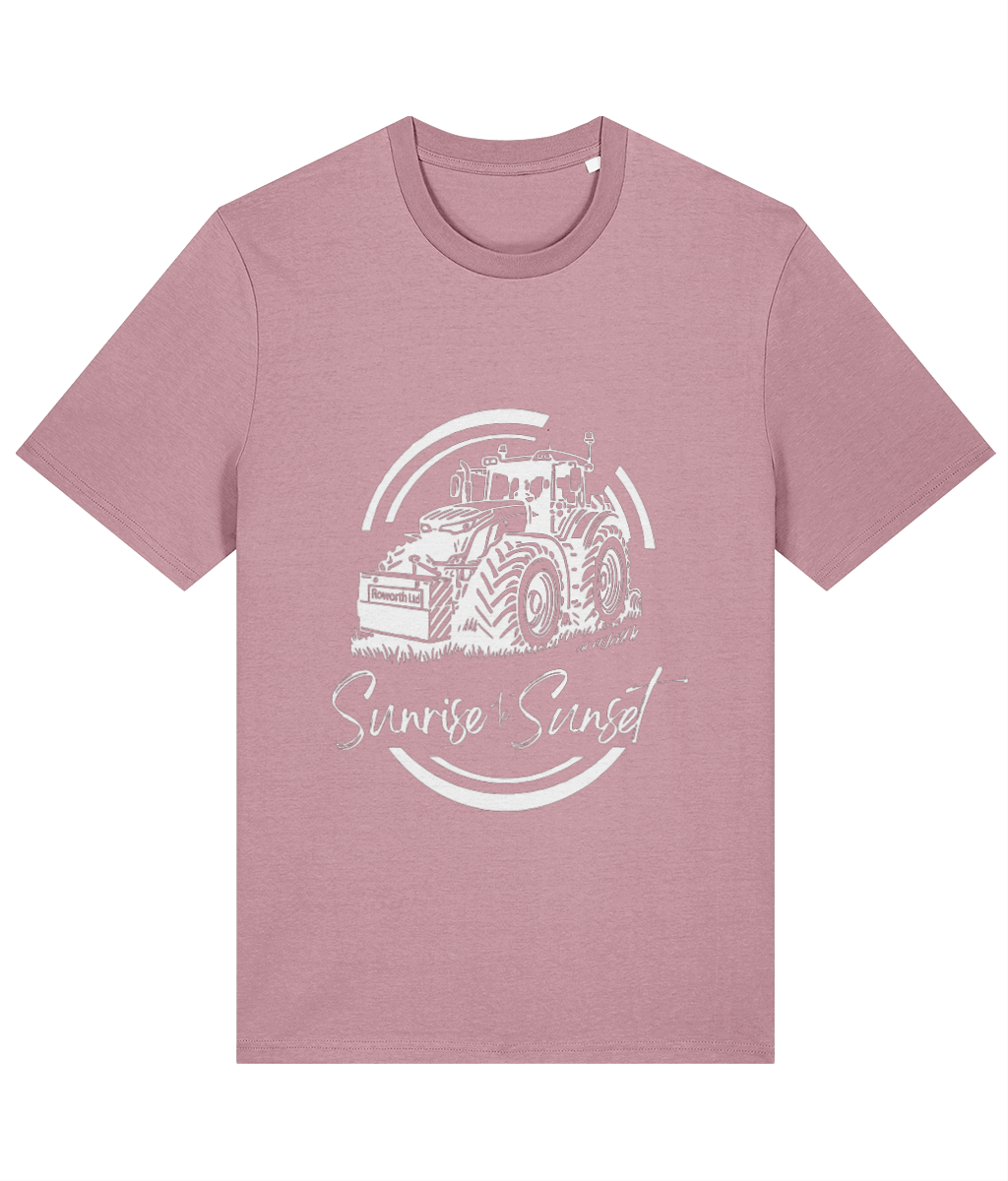 Roworth Ltd adult t-shirt in dusty pink with sunrise to sunset tractor design, British agricultural clothing