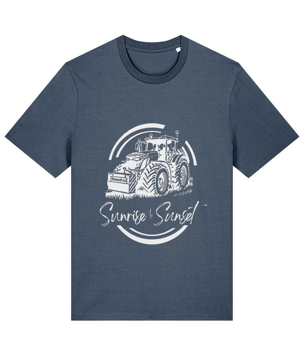 Roworth Ltd adult t-shirt in navy with sunrise to sunset tractor design, farming clothing