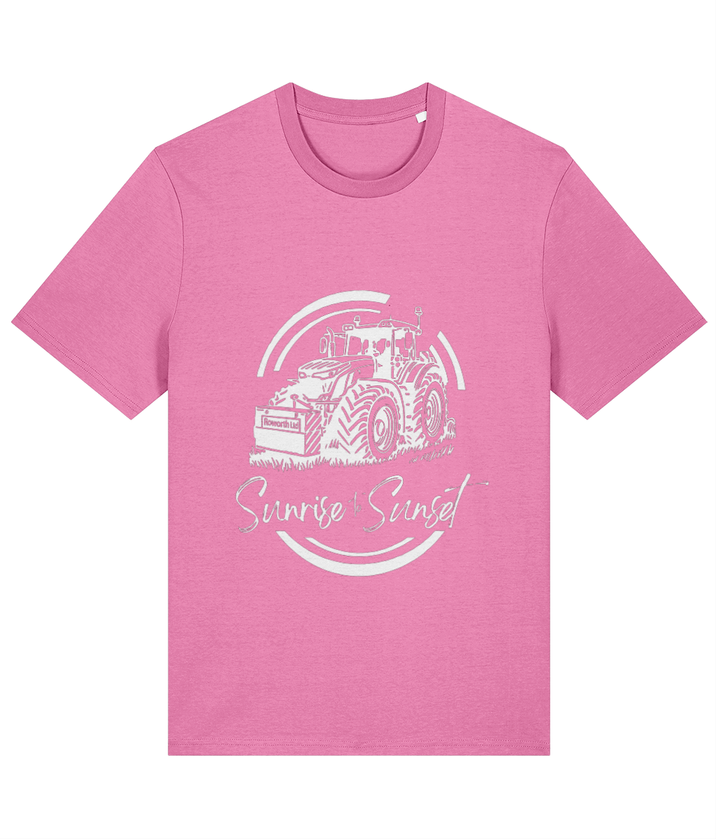 Roworth Ltd adult t-shirt in pink featuring sunrise to sunset tractor design, British agricultural clothing