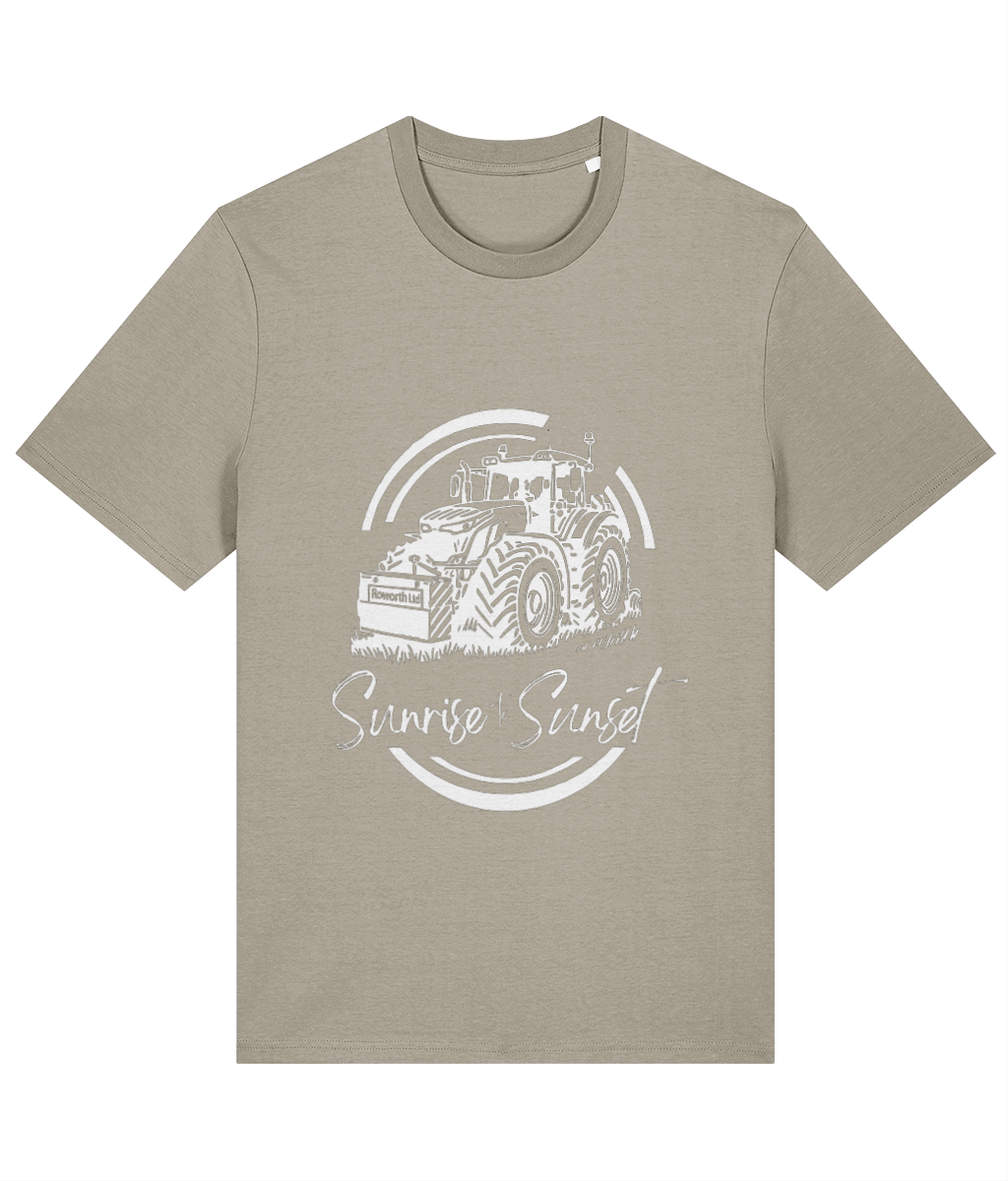 Roworth Ltd adult t-shirt in sand with sunrise to sunset tractor design, countryside clothing