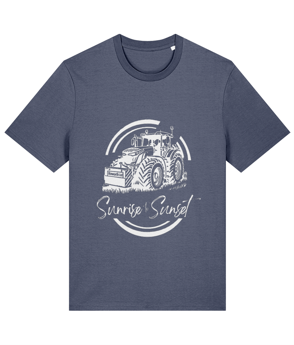 Roworth Ltd adult t-shirt in slate blue with sunrise to sunset tractor design, farming inspired clothing