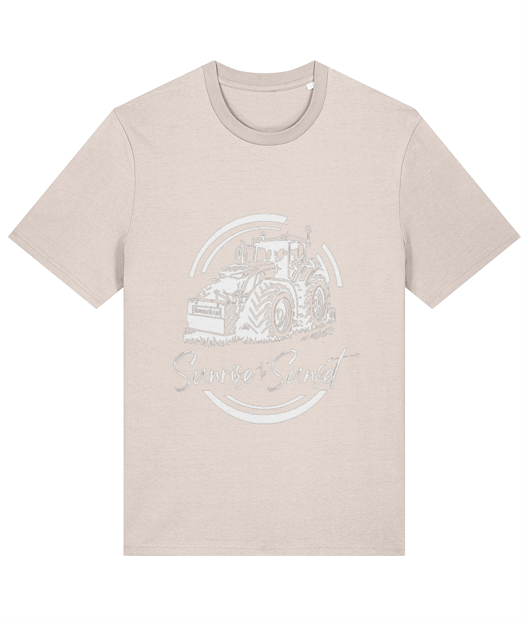 Roworth Ltd adult t-shirt in stone with sunrise to sunset tractor design, countryside clothing