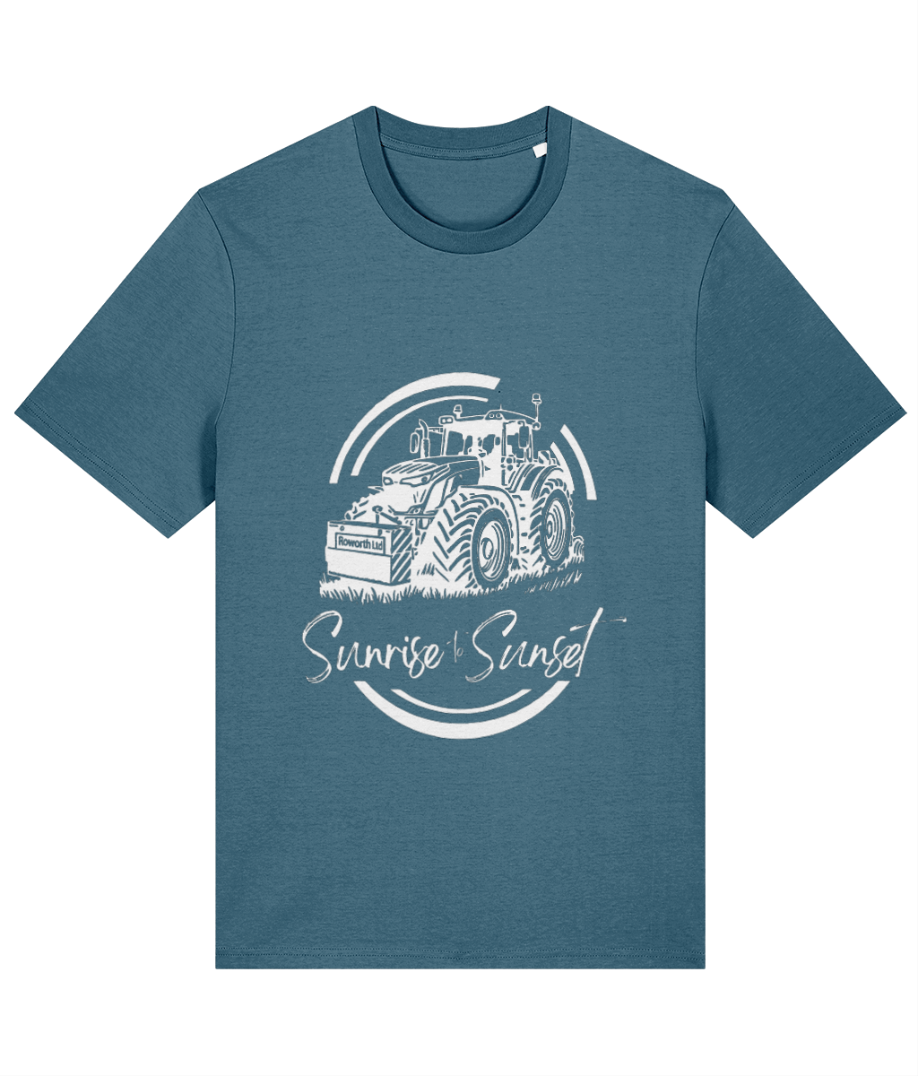Roworth Ltd teal adult t-shirt with sunrise to sunset tractor design, British agricultural clothing