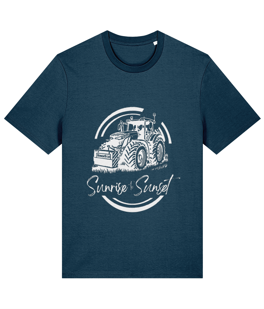 Roworth Ltd adult t-shirt in teal with sunrise to sunset tractor design, British farming apparel
