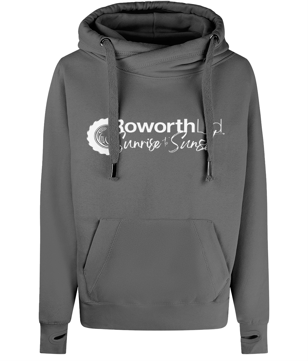 Roworth Ltd signature cross neck hoodie in charcoal grey with embroidered logo, premium agricultural clothing