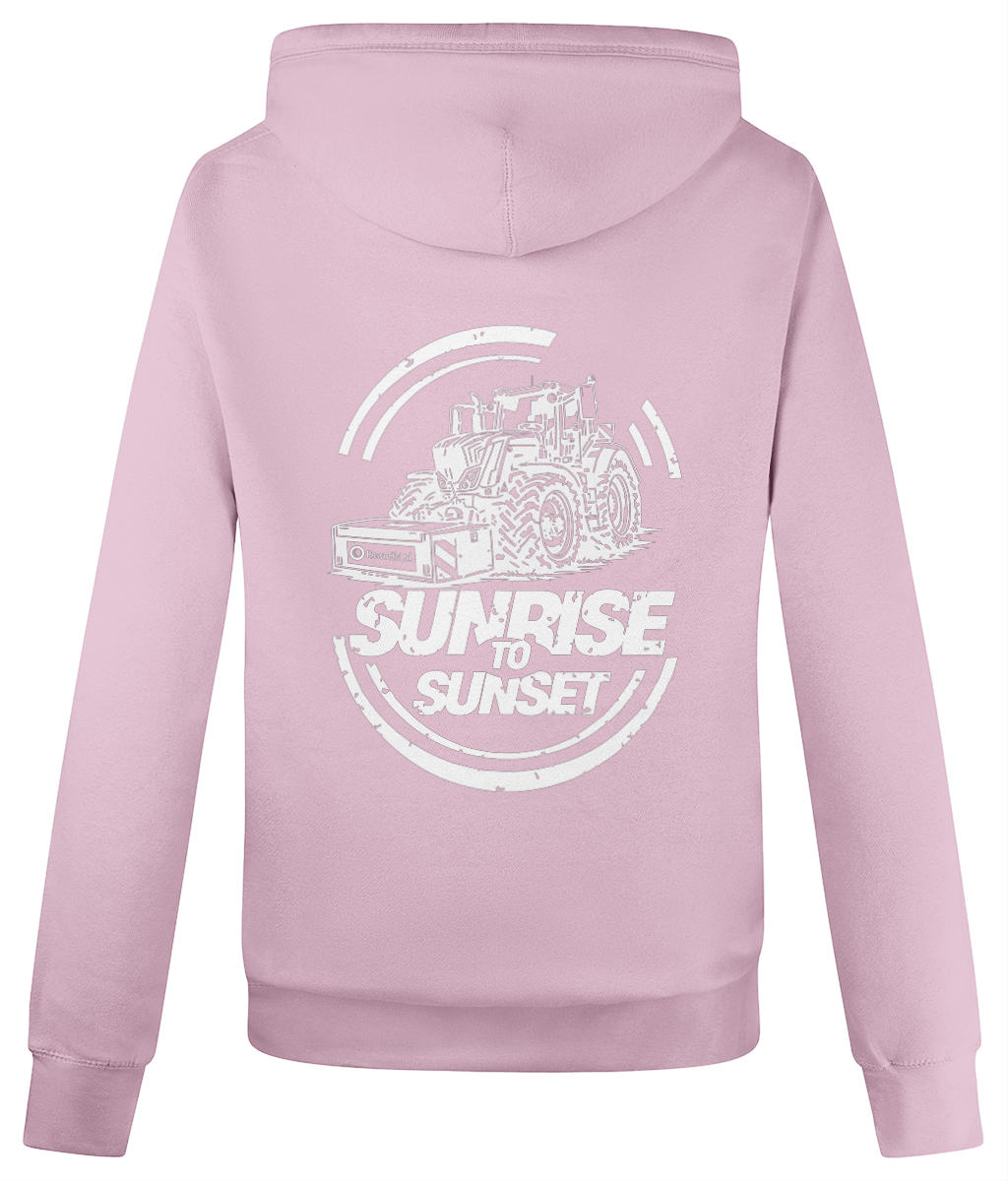 Roworth Ltd cross neck hoodie in dusty pink with bold sunrise to sunset back print design, British farming clothing