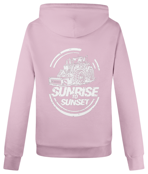 Roworth Ltd cross neck hoodie in dusty pink with bold sunrise to sunset back print design, British farming clothing