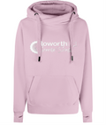 Roworth Ltd signature cross neck hoodie in dusty pink with embroidered logo, premium British agricultural clothing