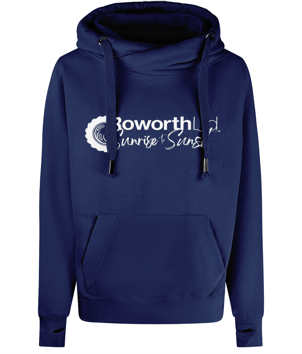 Roworth Ltd signature cross neck hoodie in navy with embroidered logo, premium farming clothing