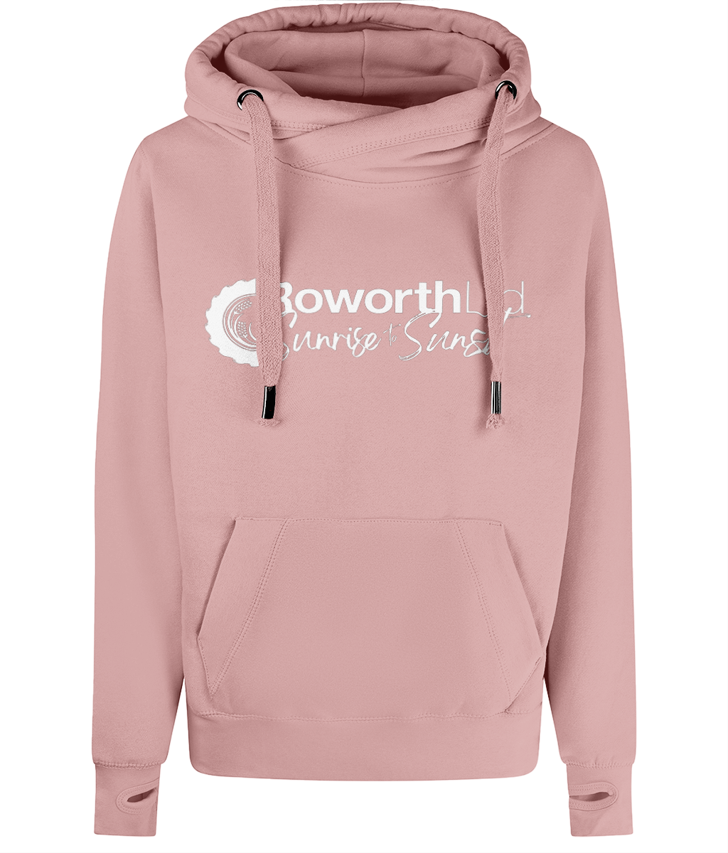 Roworth Ltd signature cross neck hoodie in rose pink featuring embroidered logo, premium farming apparel