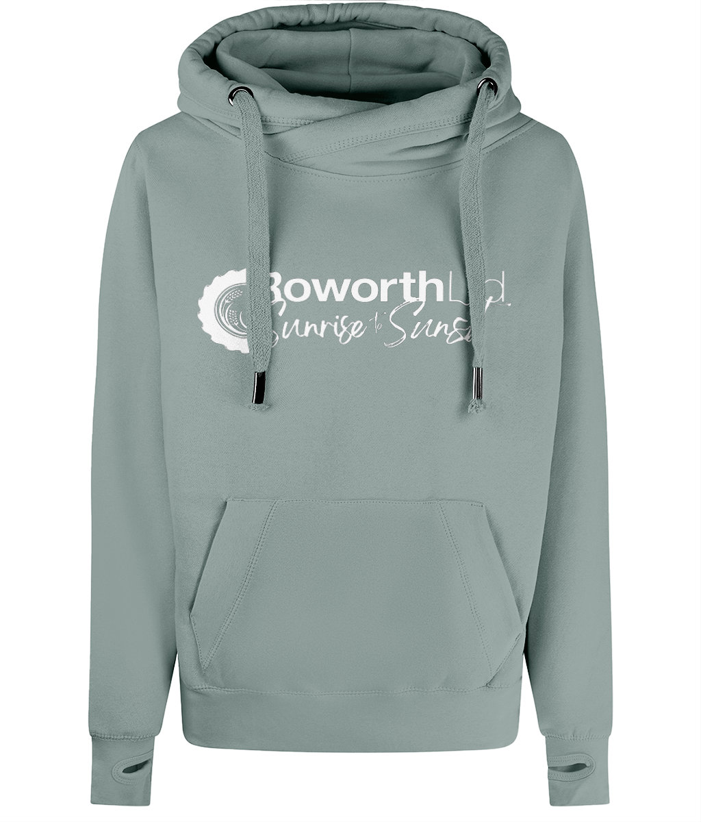 Roworth Ltd signature cross neck hoodie in sage green with embroidered logo, British countryside clothing