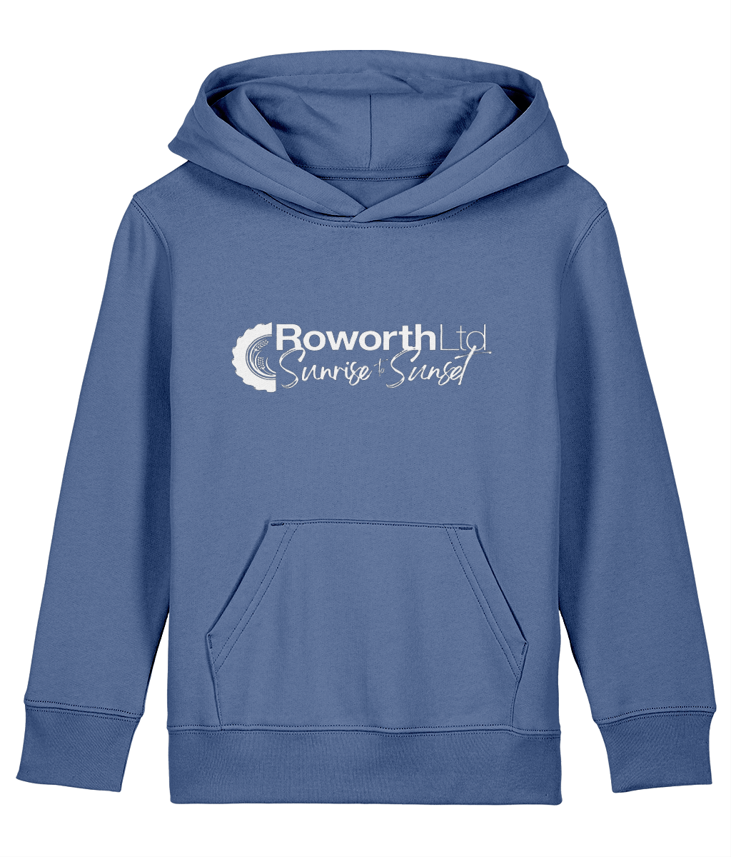 Roworth Ltd signature kids hoodie in blue with printed logo, agricultural clothing for children