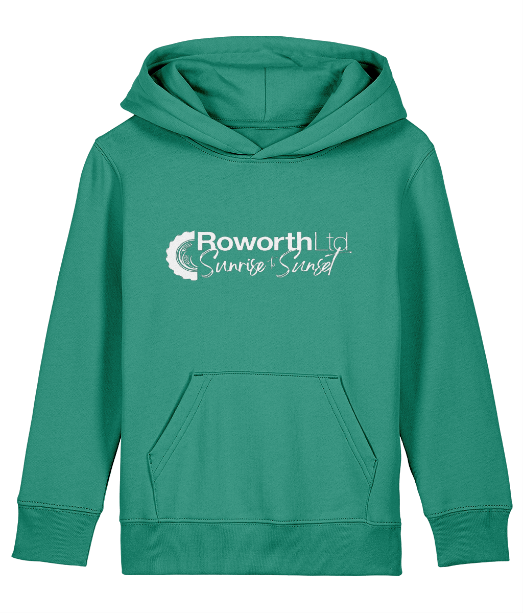 Roworth Ltd signature kids hoodie in green with printed logo, farming clothing for children
