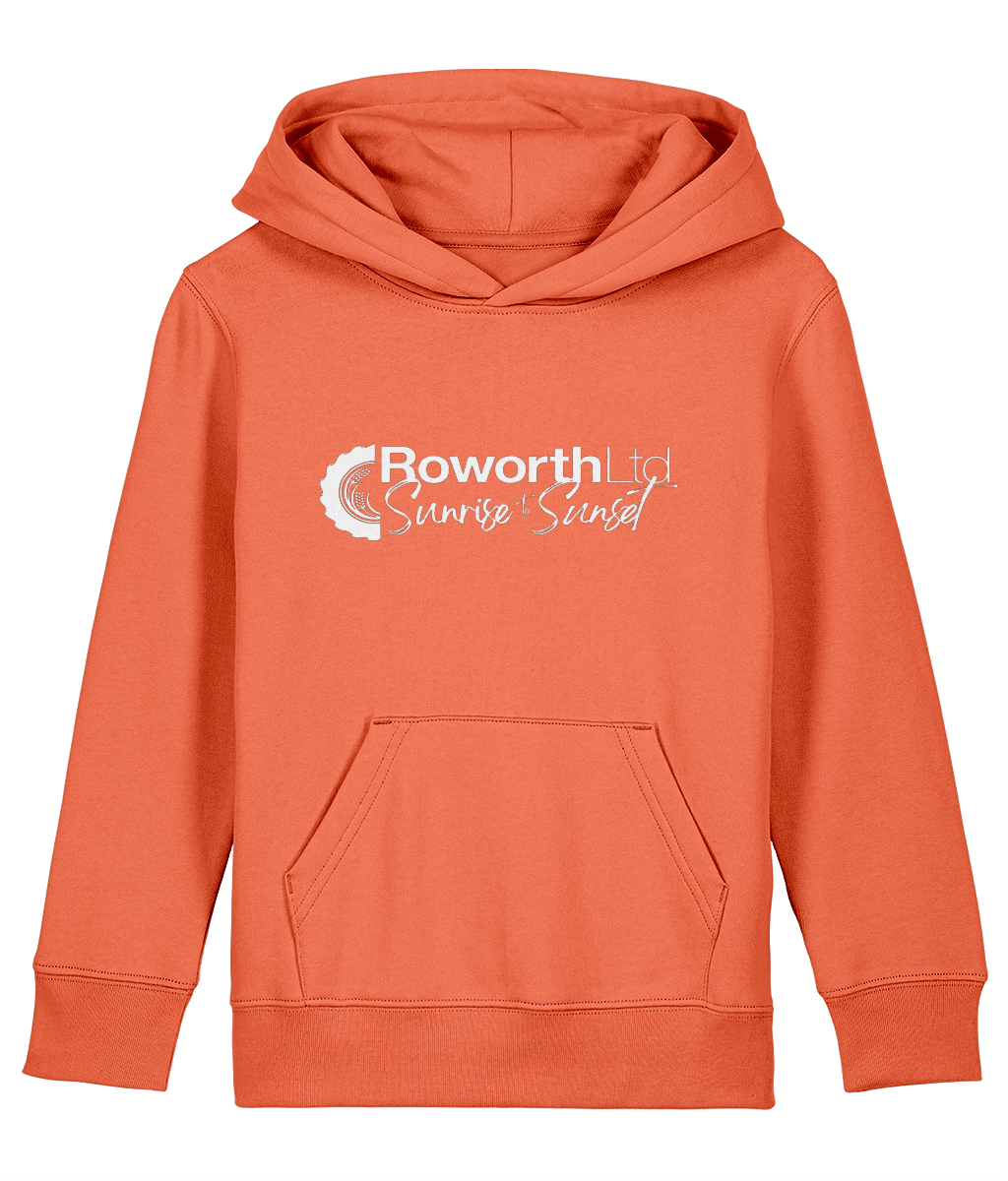 Roworth Ltd signature kids hoodie in orange with printed logo, farming inspired clothing for children