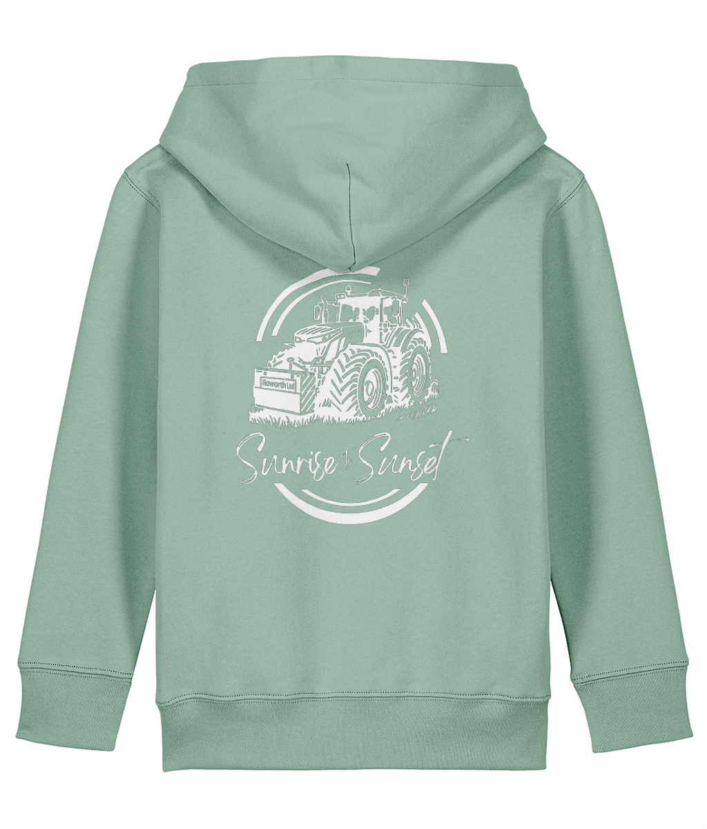 Roworth Ltd kids hoodie in sage green with sunrise to sunset back print design, farming inspired clothing for children