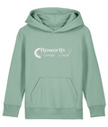 Roworth Ltd signature kids hoodie in sage green with printed logo, British agricultural clothing for children