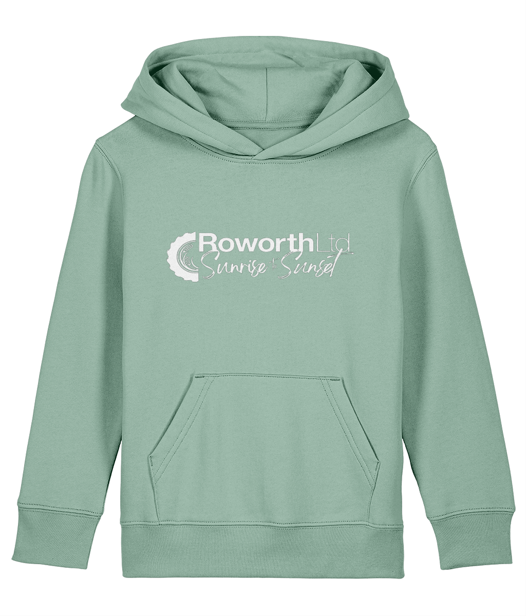 Roworth Ltd signature kids hoodie in sage green with printed logo, British agricultural clothing for children