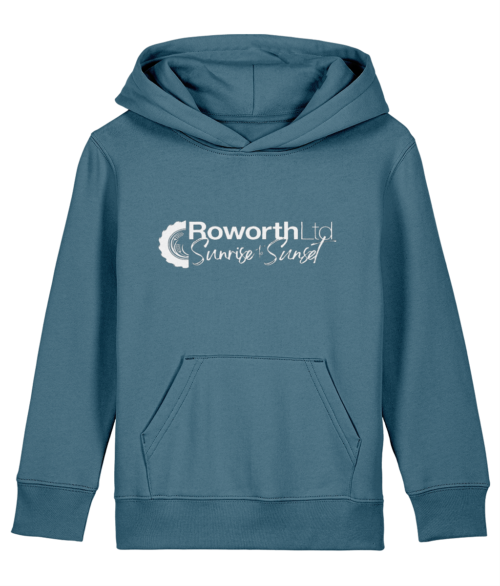 Roworth Ltd signature kids hoodie in teal with printed logo, farming clothing for children