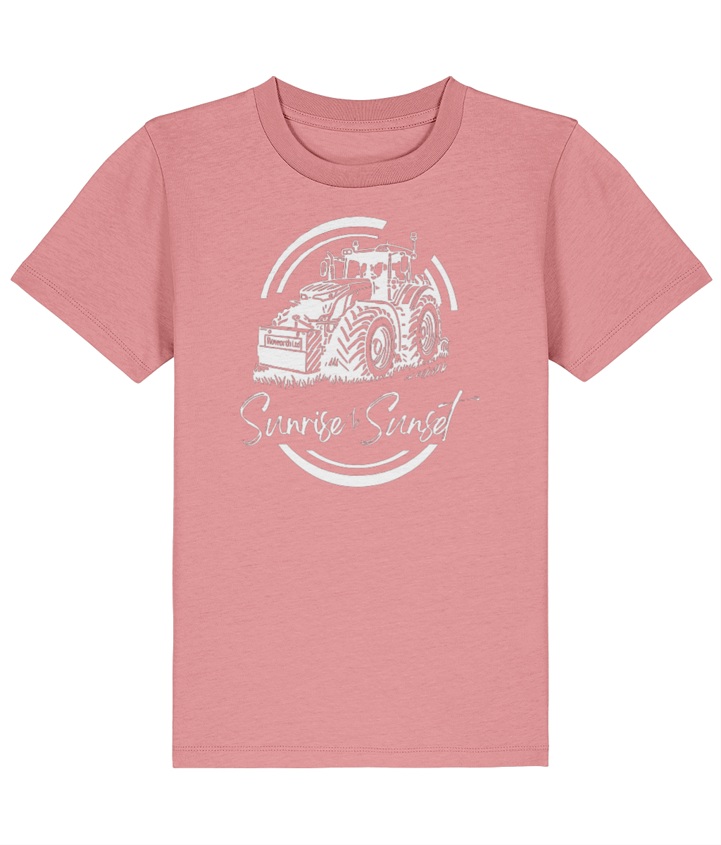 Roworth Ltd kids t-shirt in pink featuring sunrise to sunset tractor design, agricultural clothing for children