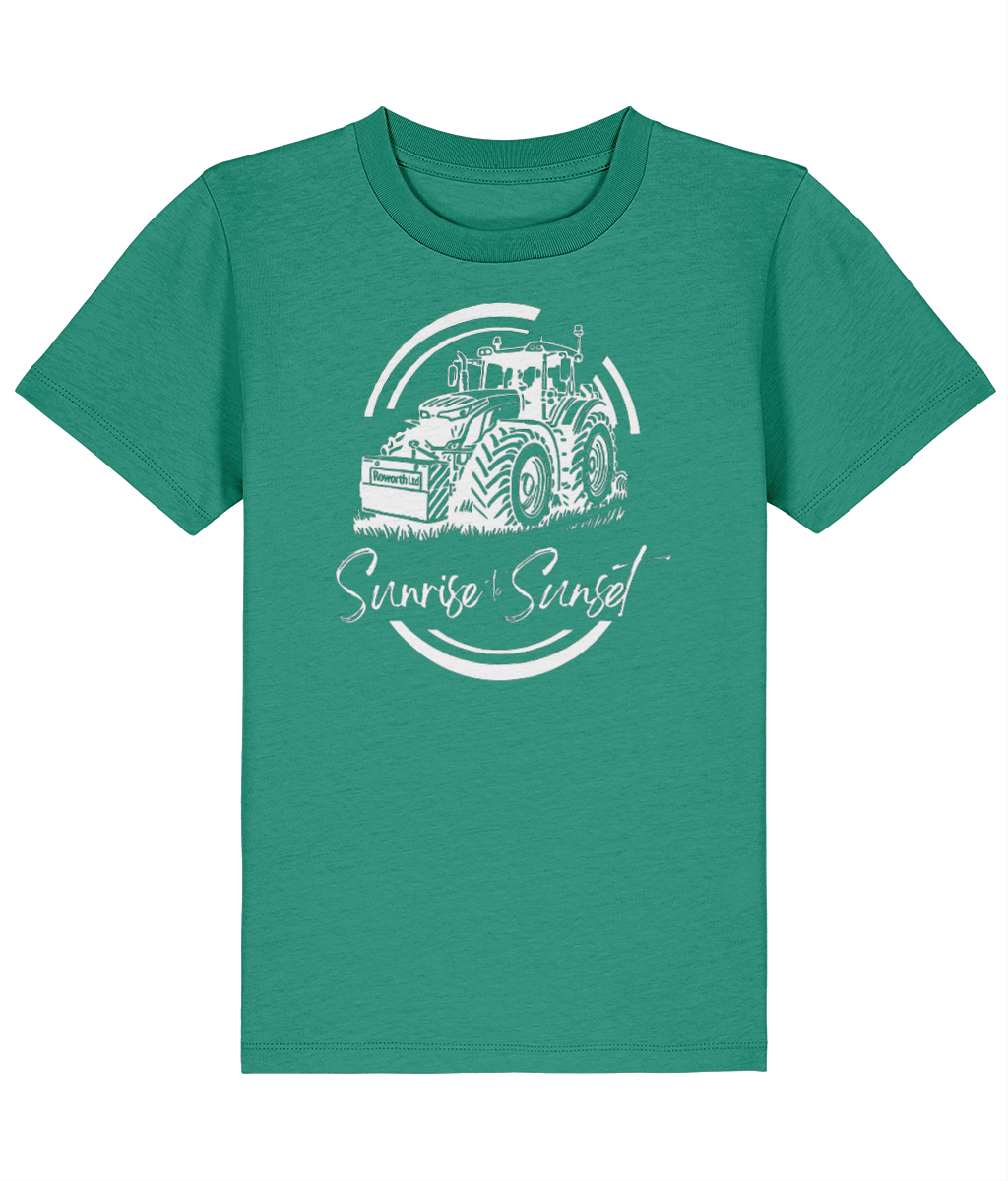 Roworth Ltd kids t-shirt in green with sunrise to sunset tractor design, British farming clothing for children