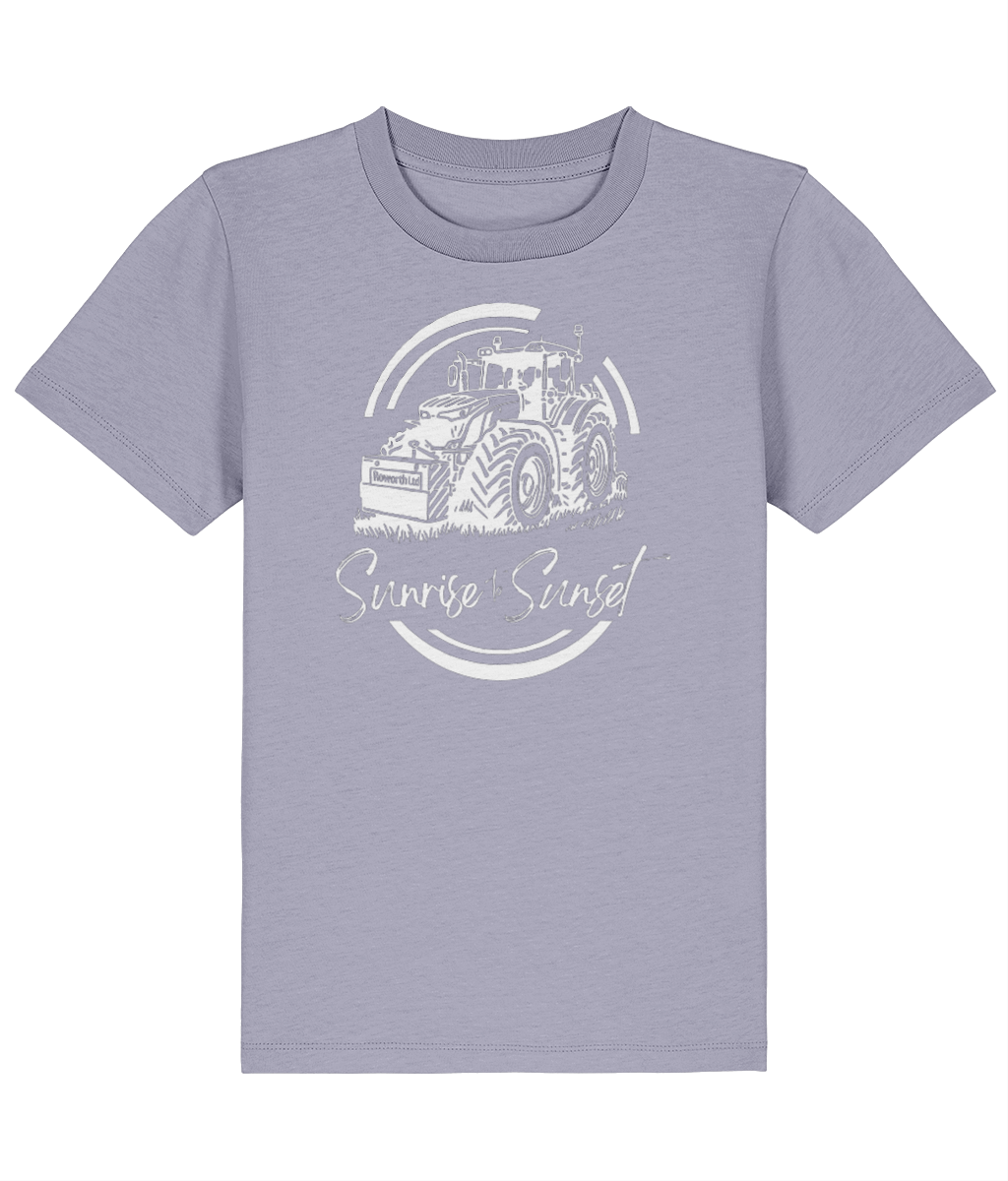 Roworth Ltd kids t-shirt in lilac with sunrise to sunset tractor design, farming inspired kidswear