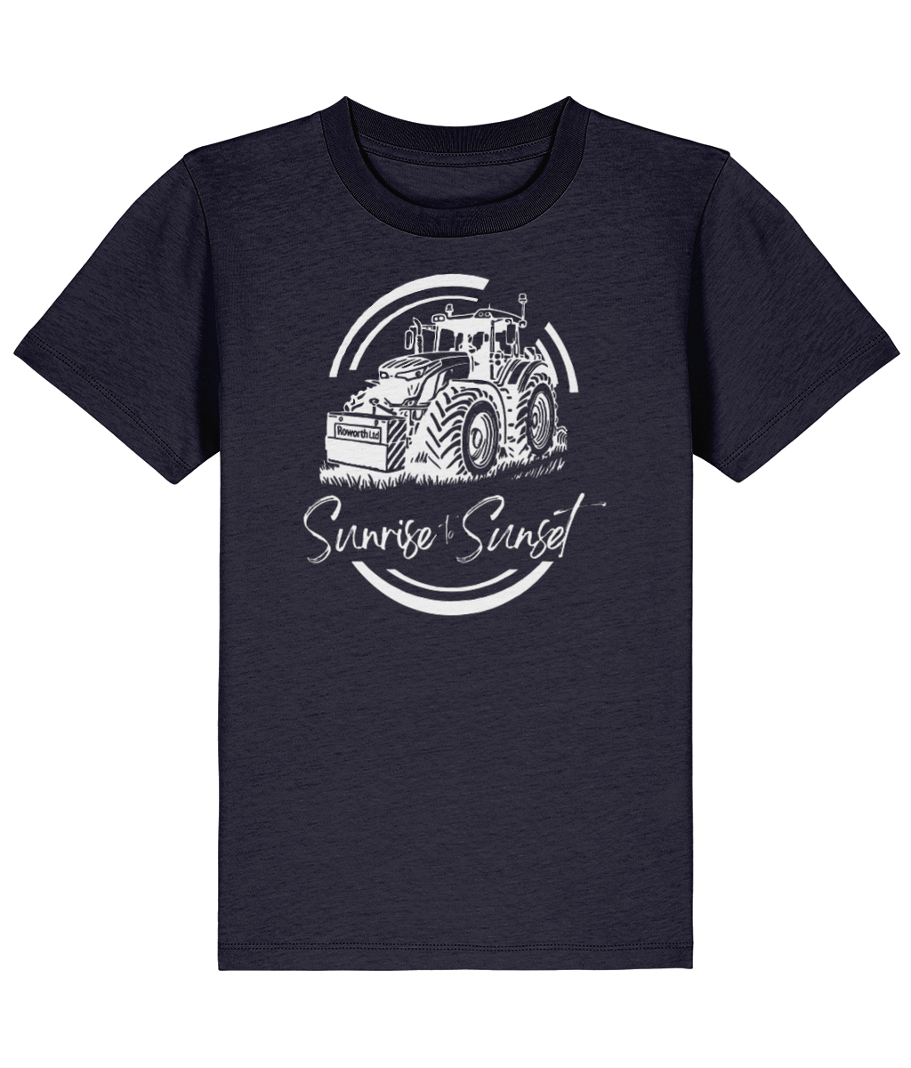 Roworth Ltd kids t-shirt in navy with sunrise to sunset tractor design, British agricultural clothing for children