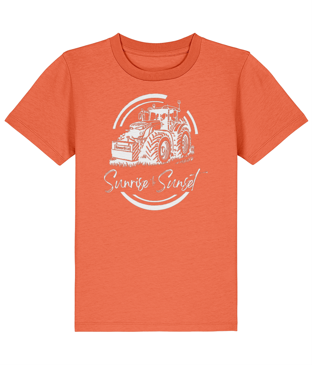 Roworth Ltd kids t-shirt in orange with sunrise to sunset tractor design, farming inspired clothing for children