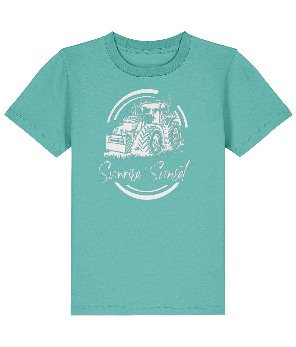 Roworth Ltd signature kids t-shirt in teal with sunrise to sunset tractor design, British agricultural clothing for children