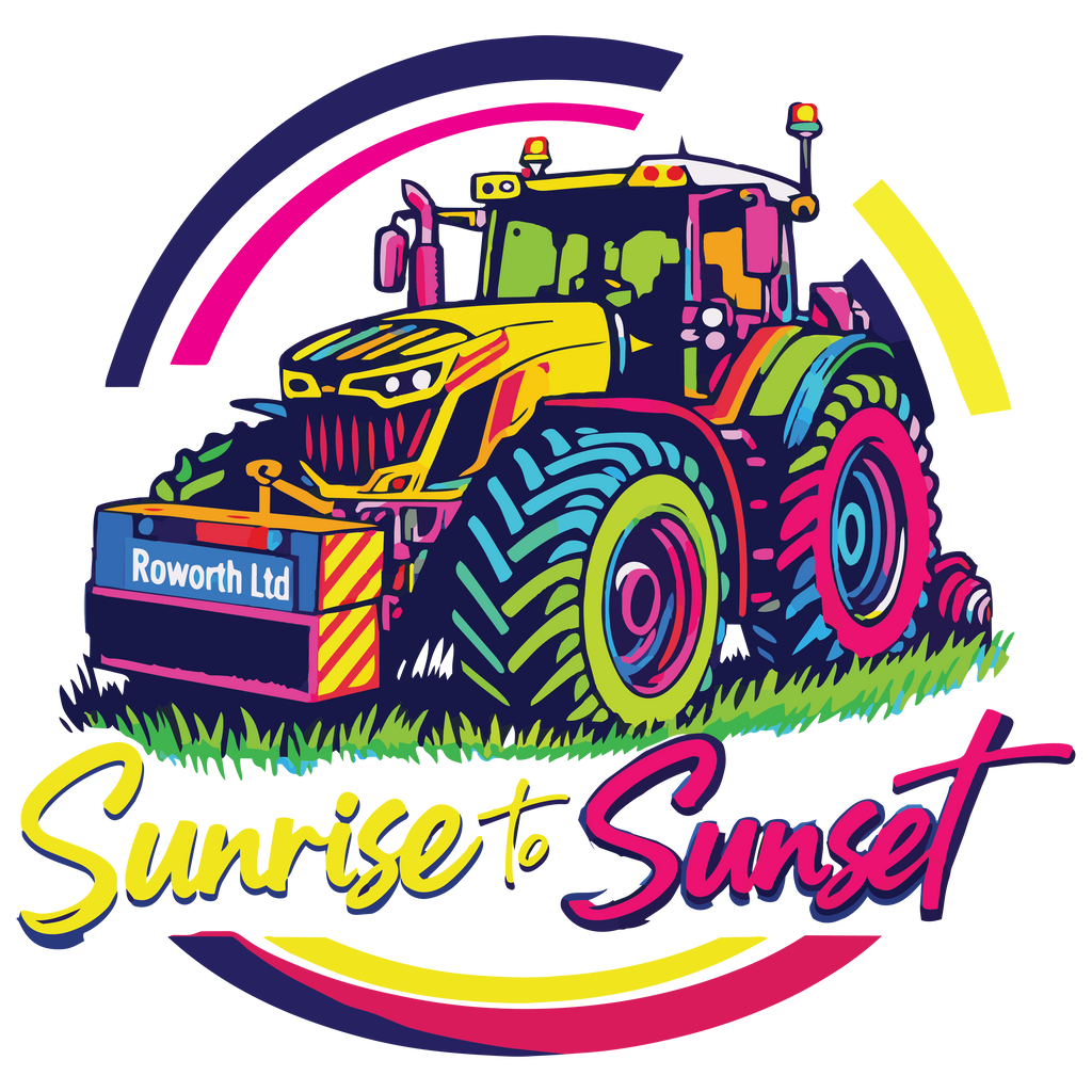 Sunrise to sunset tractor design by Roworth Ltd featuring colourful agricultural illustration on kids clothinG